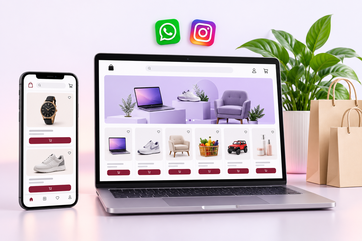 An online shop displayed on a phone and laptop, with products and social sharing icons